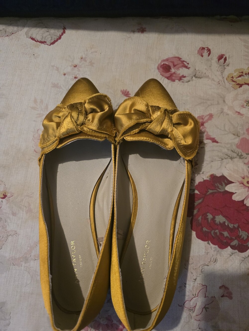 Ann Taylor Yellow Satin Bow Pointed-Toe Flats